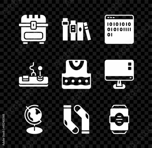 Set Antique treasure chest, Book, Binary code, Earth globe, Socks, Energy drink, Gamepad and Waistcoat icon. Vector