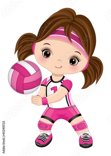 Cute Little Girl Playing Volleyball. Vector Little Volleyball Player