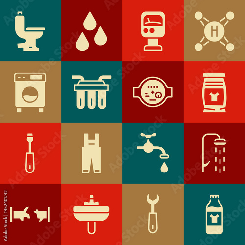 Set Bottle for cleaning agent, Shower, Laundry detergent, Pressure water meter, Water filter, Washer, Toilet bowl and icon. Vector