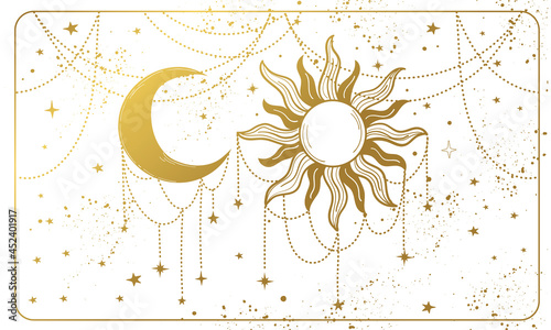 Golden sun and ornate crescent moon on a white background. Magic banner for astrology, tarot, divination, magic. Divine universe. Esoteric isolated vector illustration.
