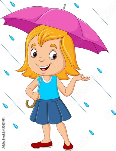 Cartoon little girl with umbrella in the rain