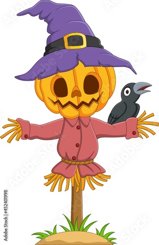 Cartoon halloween pumpkin scarecrow with crow