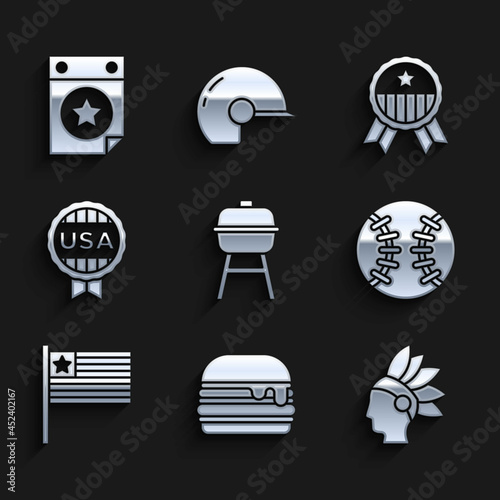 Set Barbecue grill, Burger, Native American Indian, Baseball ball, flag, Medal with star, and Calendar date July 4 icon. Vector