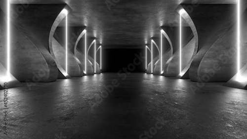 Fototapeta Naklejka Na Ścianę i Meble -  A dark tunnel lit by white neon lights. Reflections on the floor and walls. 3d rendering image.