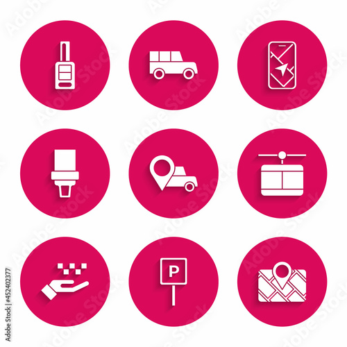 Set Location with taxi, Parking, Gps device map, Cable car, Hand, Safety belt, City navigation and Car key remote icon. Vector