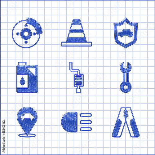 Set Car muffler, High beam, battery jumper power cable, Wrench spanner, Location with car service, Canister for motor oil, shield and brake disk caliper icon. Vector