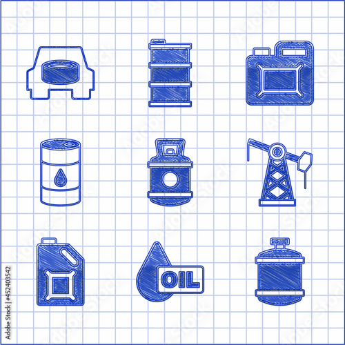 Set Propane gas tank, Oil drop, pump or pump jack, Canister for motor oil, Barrel, and Spare wheel in the car icon. Vector