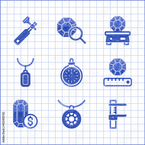 Set Pocket watch, Pendant on necklace, Calliper or caliper and scale, Gem stone, Jewelry online shopping, and Jewelers lupe icon. Vector