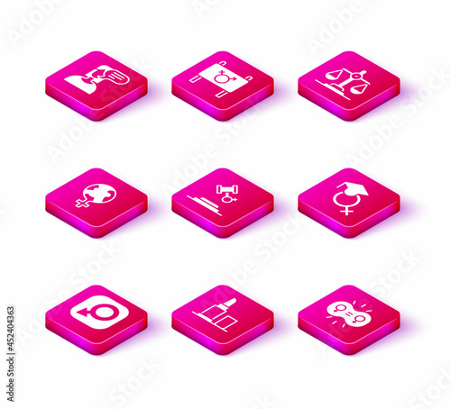 Set Male gender, Lipstick, Feminism in the world, Female rights, Gender equality, Teacher, and Feminist activist icon. Vector