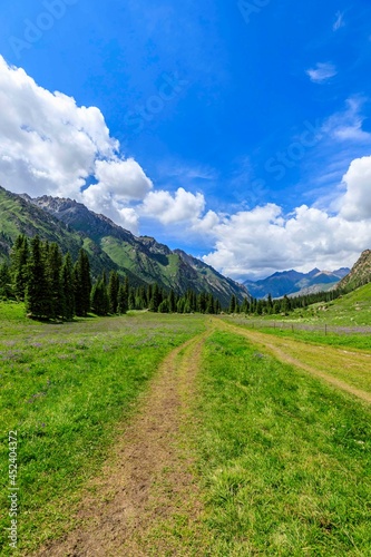 A walking path leads to distant mountains.beautiful natural scenery in Xiata Scenic Area,Xinjiang,China.