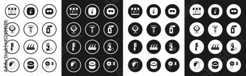 Set Mustache and beard, Shaving razor, Hand mirror, Barbershop building, Aftershave with atomizer, Broken hair follicle, gel foam and Hairbrush icon. Vector