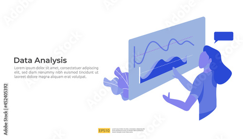 digital analysis concept for business market research, marketing strategy, auditing and financial. data visualization with character, charts and statistics for landing page, banner, presentation