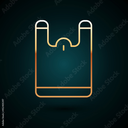 Gold line Plastic bag icon isolated on dark blue background. Disposable cellophane and polythene package prohibition sign. Vector