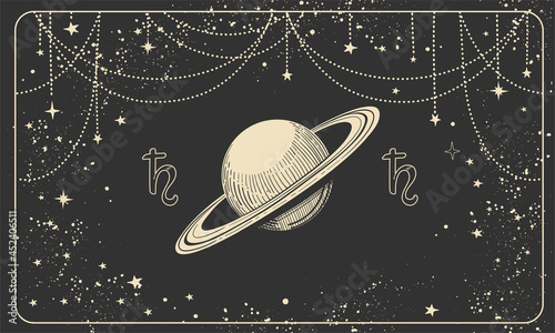 Astrological horizontal banner with planet Saturn and cosmic black background, tarot divination illustration, vintage design. Vector postcard with astrological symbol. photo