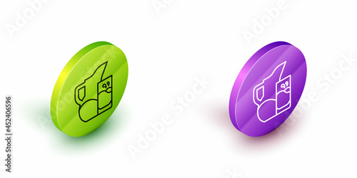 Isometric line Milk jug or pitcher and glass icon isolated on white background. Green and purple circle buttons. Vector