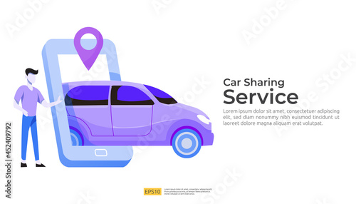 online taxi or rent transportation using smartphone service application with character and route points location on gps map for landing page  banner  web  UI  flyer. Car sharing illustration concept