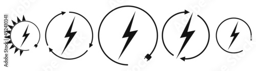 Electric car charging and renewable energy icons, graphic design template, lightning bolt, vector illustration