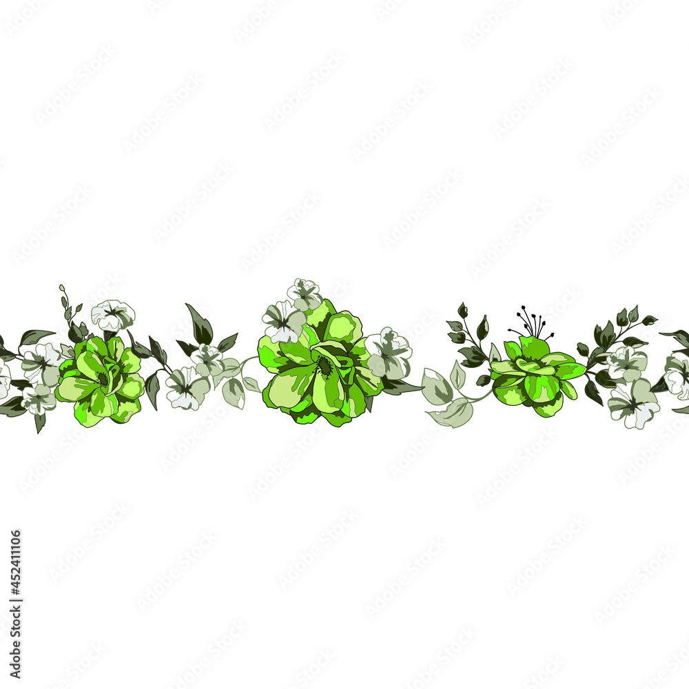 Green Roses Vector Repeat Seamless Horizontal Pattern Border. Use it for fabric, packaging, wallpaper, or invitations.