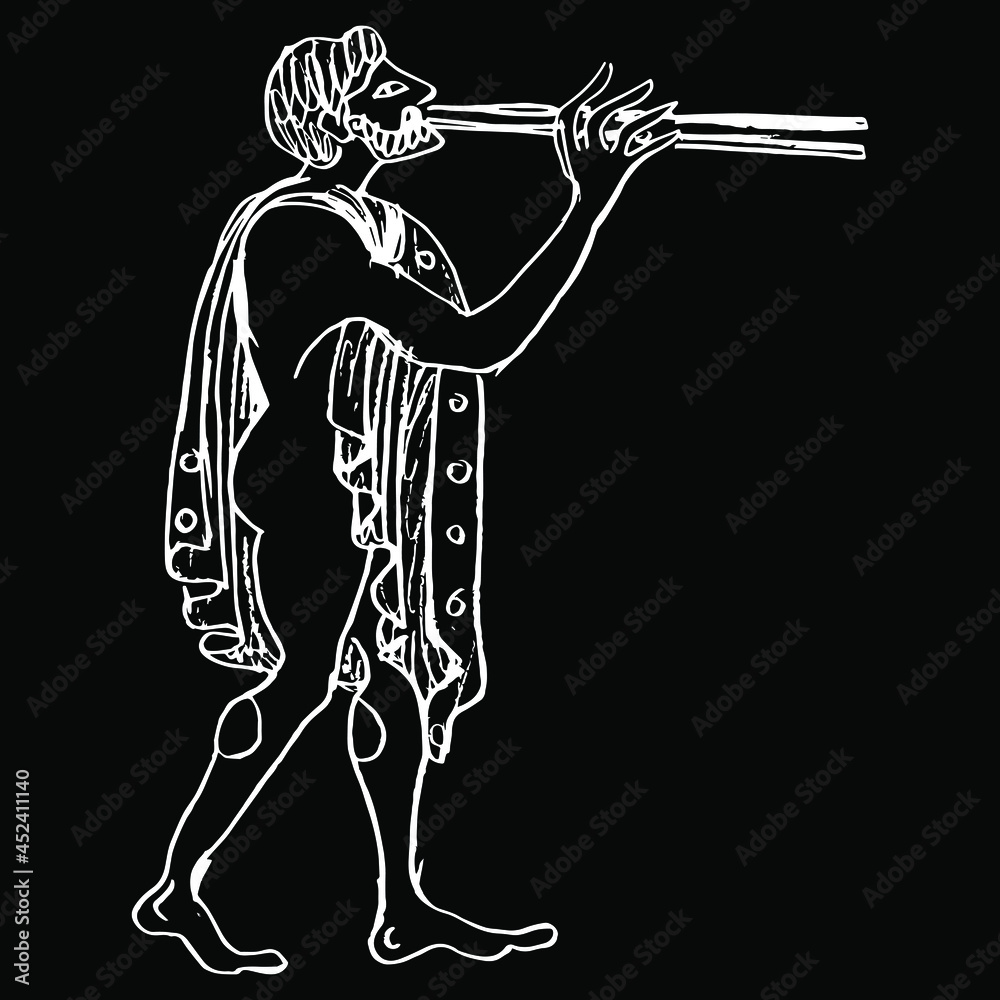 Vektorová grafika „Standing ancient Greek man playing flute. Vase painting  style. Hand drawn linear doodle rough sketch. White silhouette on black  background.“ ze služby Stock | Adobe Stock
