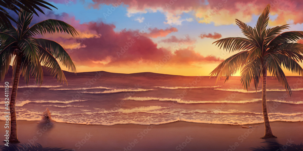 Sea - Evening, Anime background, 2D Illustration.