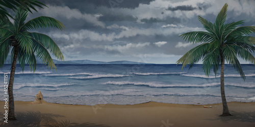 Sea - Overcast  Anime background  2D Illustration.