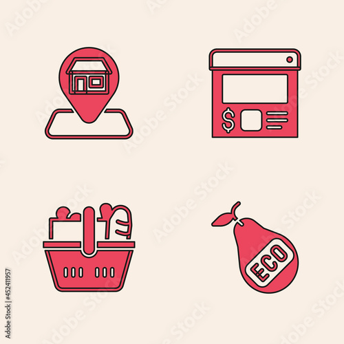 Set Healthy organic pear, Location Market store, Online ordering and delivery and Shopping basket food icon. Vector