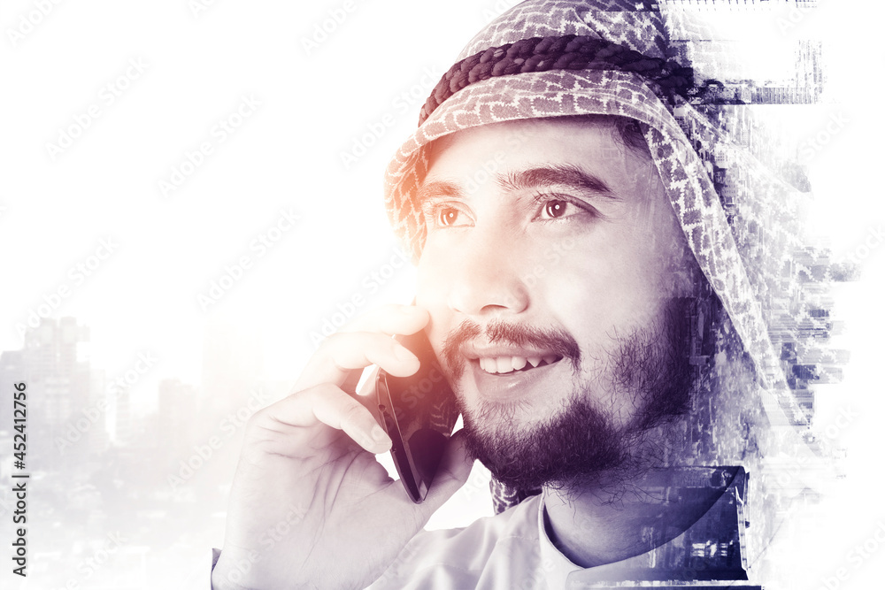 Double exposure of Arabian man talking on cellphone