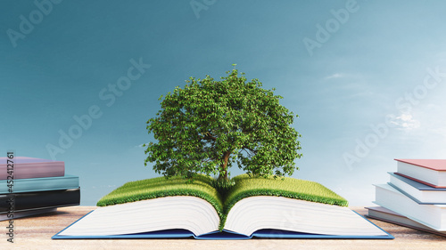 3d illustration. Open book with green grass field and tree on blue sky background photo