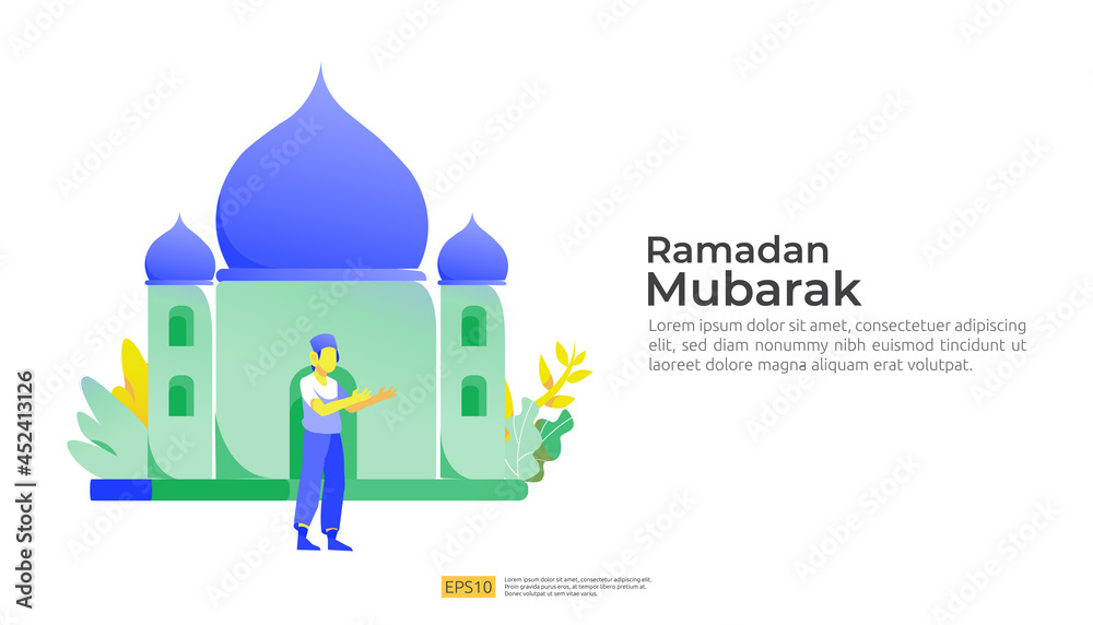 happy ramadan mubarak and islamic eid fitr or adha flat design greeting concept with people character for web landing page template, banner, presentation, social, and print media