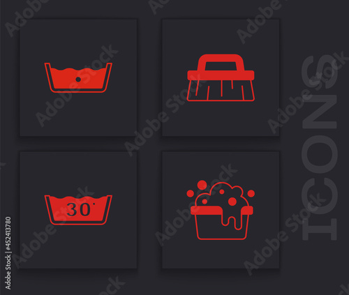Set Basin with soap suds, Temperature wash, Brush for cleaning and icon. Vector