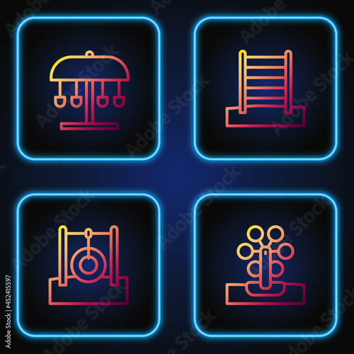 Set line Ferris wheel, Car tire hanging on rope, Attraction carousel and Swedish wall. Gradient color icons. Vector