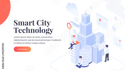 Smart Technology Concept. Isometric flat vector illustration. Blocks with business networking servers, computers and devices.Cloud storage data and synchronization of devices. Landing page concept.