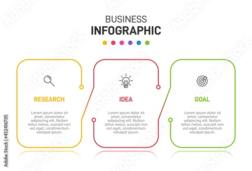 Concept of arrow business model with 3 successive steps. Three colorful graphic elements. Timeline design for brochure, presentation. Infographic design layout.