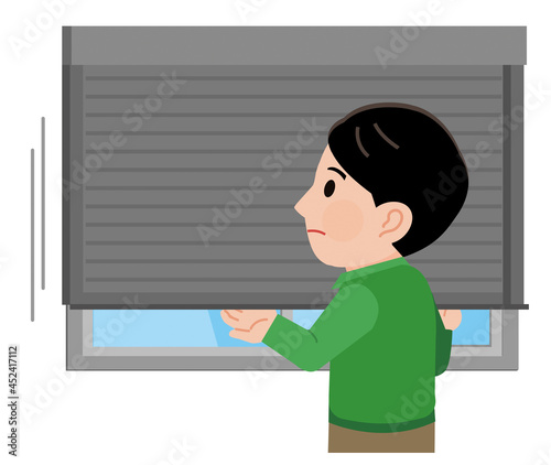 窓のシャッターを下ろす男性　イラスト