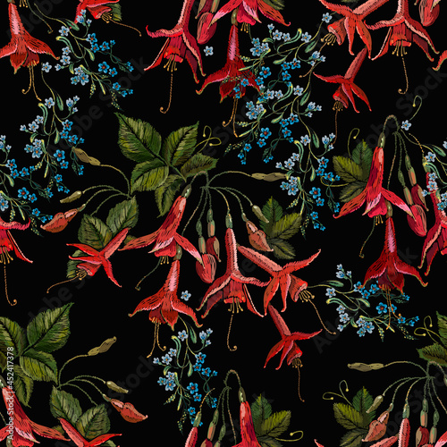 Embroidery. Red fuchsia and blue flowers. Seamless pattern. Spring garden art. Template for design of clothes, tapestry, renaissance style