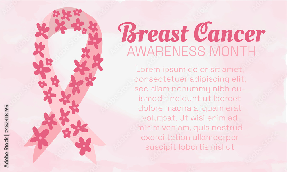 Breast Cancer Awareness Month banner with delicate pink watercolor background, pink ribbon decorated with hand drawn bright flowers. Copy space.