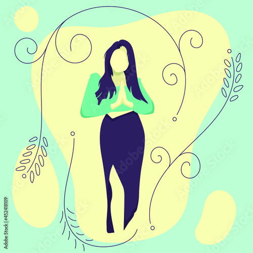 Indian or Asian cute looking girl welcoming minimal flat vector illustration. Leaves line art with isolated background. Light color calm looking flat design for web and print. Welcome girl to business