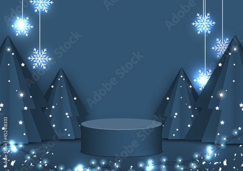 Circle podium decoration with scene winter elements.Stage pedestal for display product.Abstract Xmas backdrop decor with Christmas tree, stars, snowflake, light on blue background.Vector illustration.