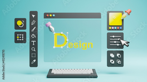 Graphic designer creative creator design logo artwork curve pen tool illustration equipment icons digital computer display workspace. Graphic design software. 3d rendering. photo