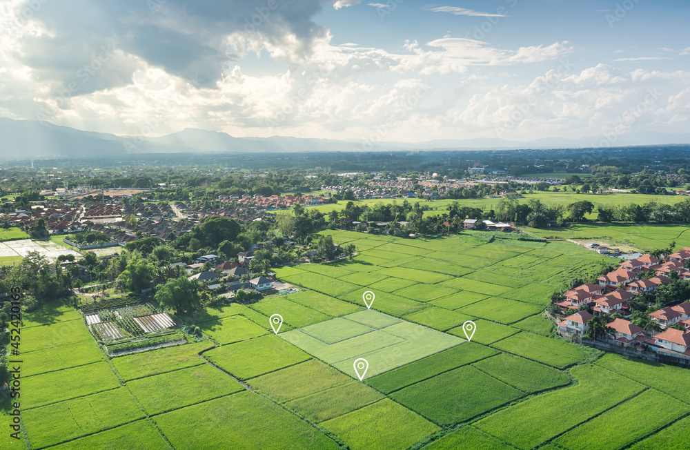 Land plot in aerial view. Gps registration survey of property, real estate for map with location, area. Concept for residential construction, development. Also home or house for sale, buy, investment.