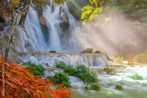 Waterfall in rain forest. Tat Kuang Si Waterfalls at Luang prabang, Laos photo