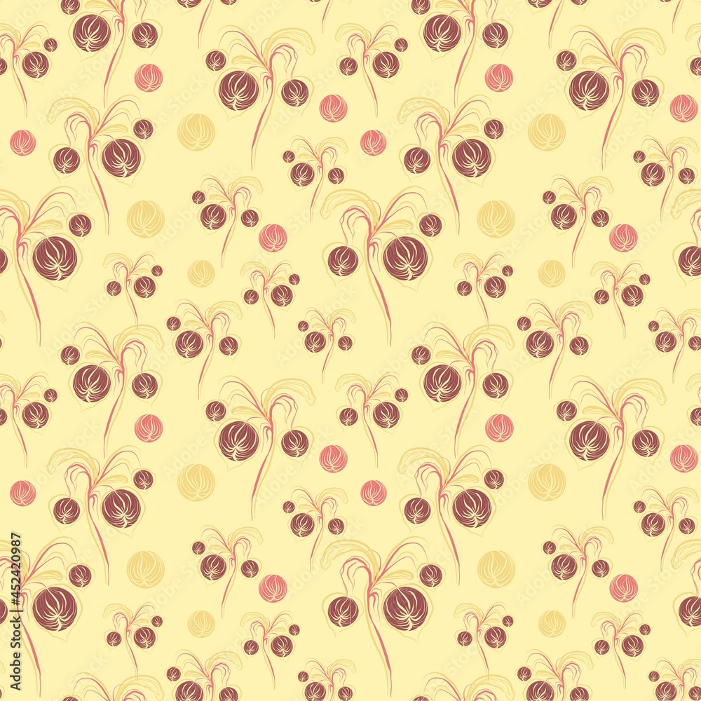 Abstract seamless geometric floral pattern with coral and pink spheres on a yellow background Abstract seamless geometric floral pattern with coral and pink spheres on a yellow background
