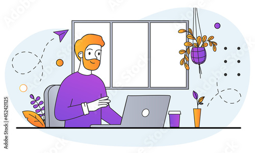Freelancer works at home concept. Man sitting at his desk and working on laptop. Daily routine. Remote profession in quarantine. Cartoon doodle flat vector illustration isolated on white background