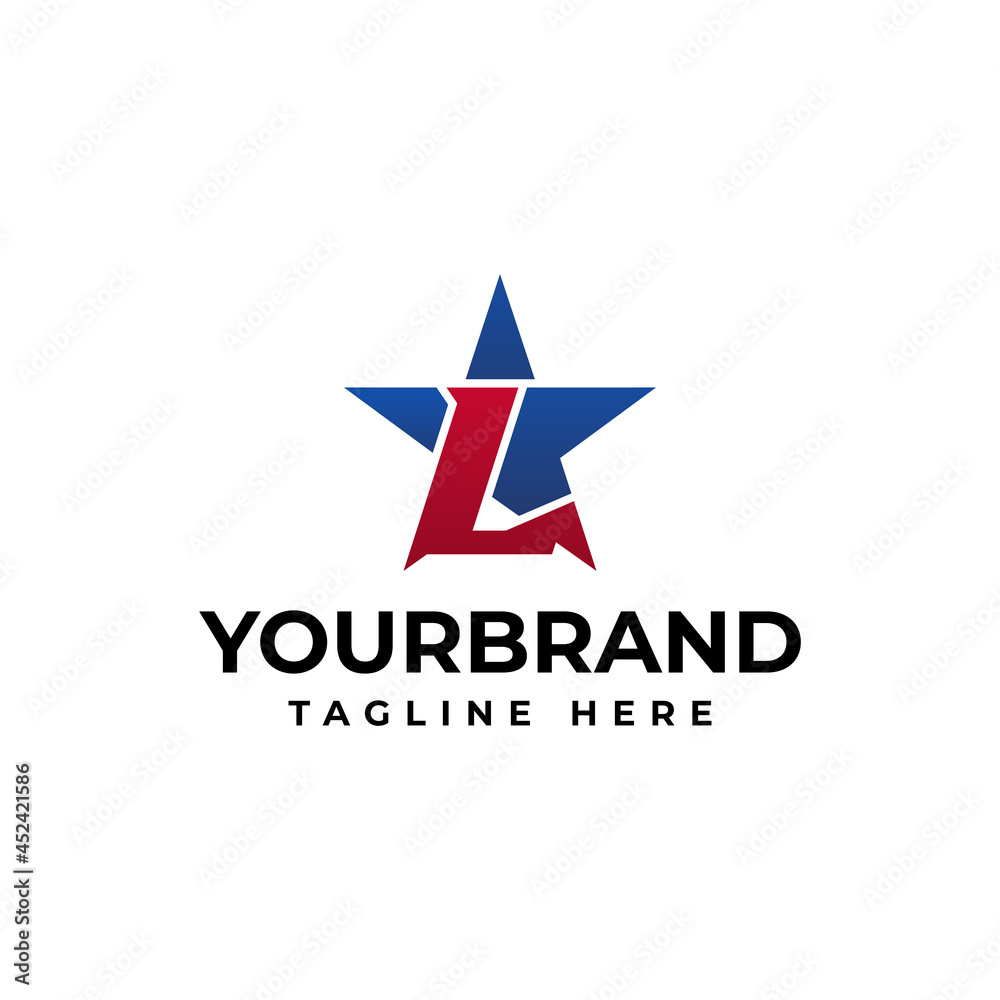 Obraz premium L letter logo font and the blue star. Vector design template elements for your application or company.. star logo design concept template