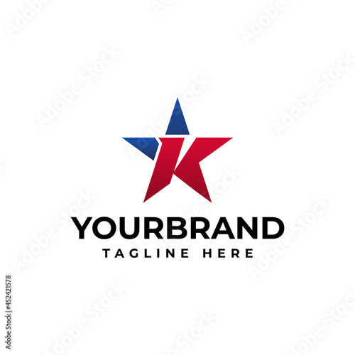 Vector alphabet symbol with star element, accompanied by letter K. star logo design concept template