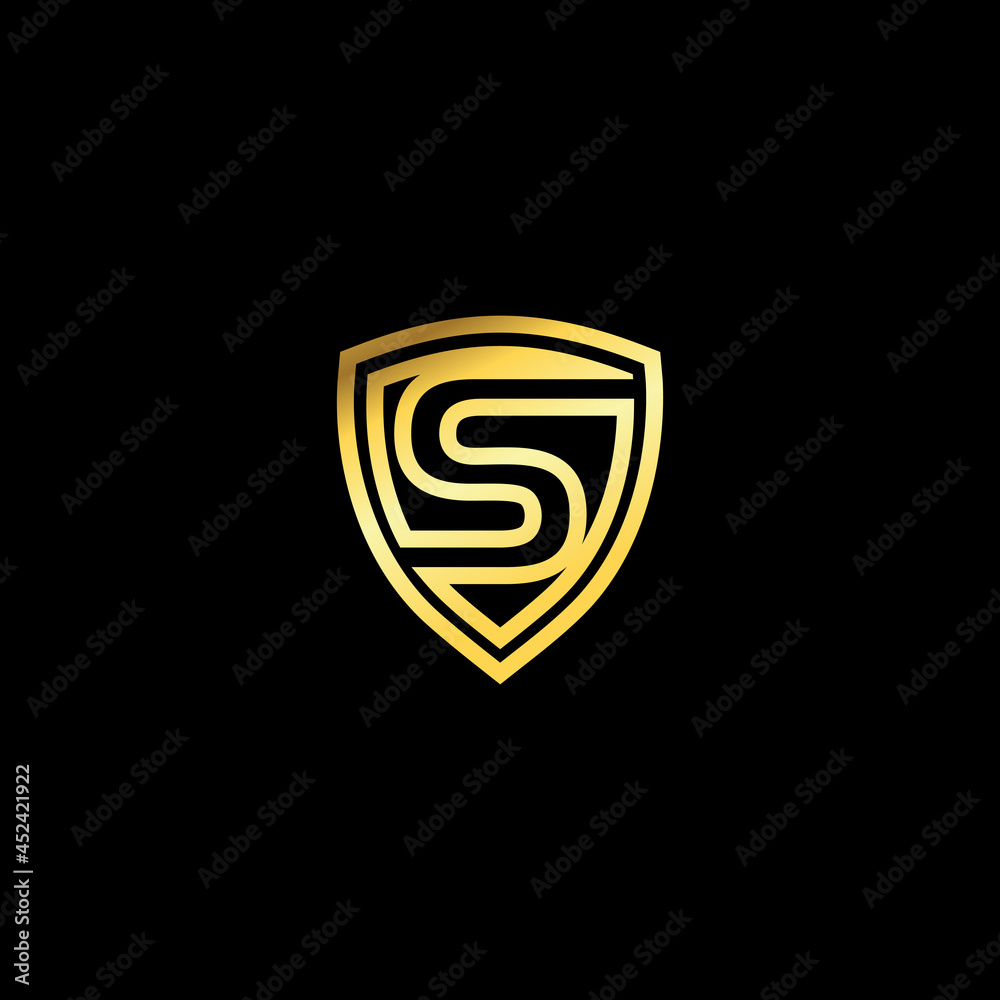 Letter S emblem logo. Elegant logo vector design with golden shield. Letter shield logo design concept template