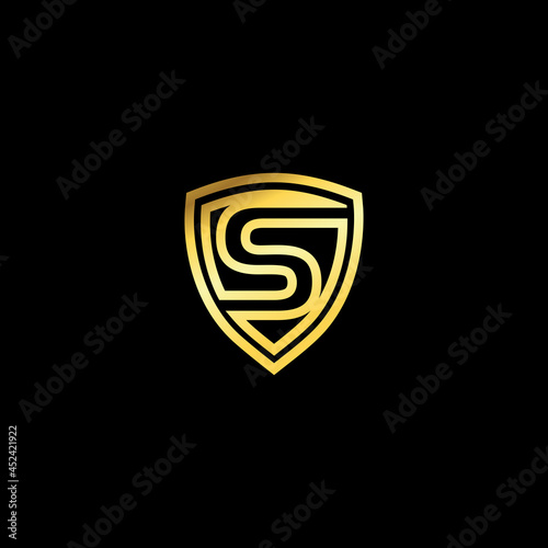 Letter S emblem logo. Elegant logo vector design with golden shield. Letter shield logo design concept template