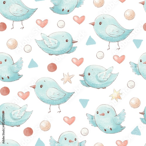 Seamless pattern cute cartoon birds hearts and stars