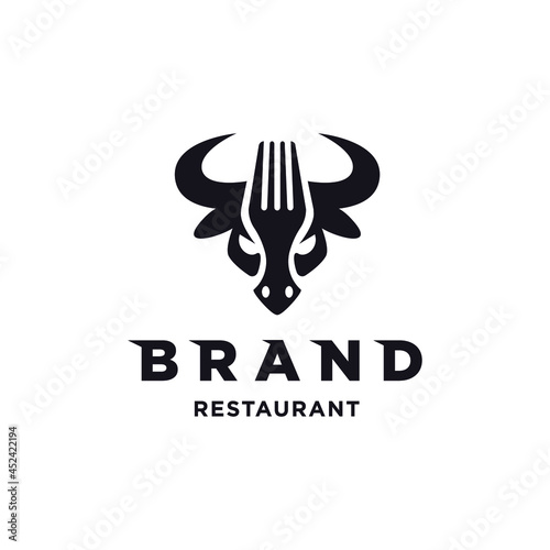 angry bull meat fork for dining restaurant logo design