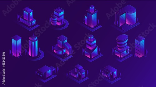 Isometric city building set, vector illustration. Urban modern architecture, purple neon lighting.